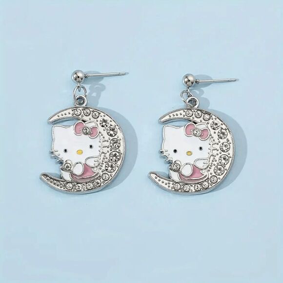 Hello Kitty Moon Pendant Diamond Earrings - Picture 1 of 6